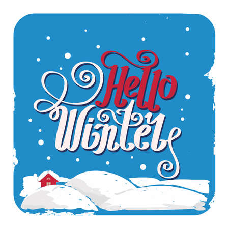 Lettering "Hello Winter". hand drawing font. Twisted inscription. Individual letters. Uppercase letters. Retro style. Blue background. Snowのイラスト素材