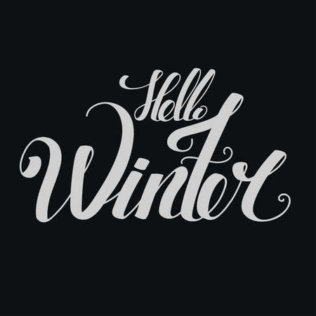 Lettering "Hello Winter". hand drawing font. Twisted inscription. Individual letters. Black background, bright lettersのイラスト素材