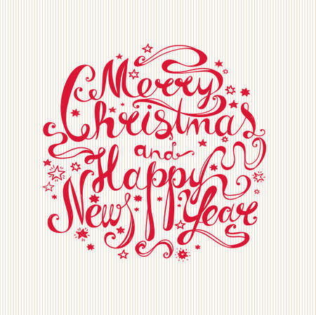 Lettering "Merry Christmas and Happy New Year." Twisted Individual font. Hand drawing. Congratulations to the New Year holiday. Retro style. Redのイラスト素材