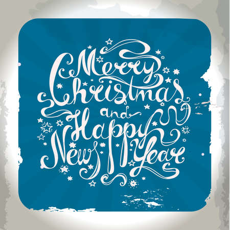 Lettering "Merry Christmas and Happy New Year." Twisted font Hand drawing. Congratulations on Christmas and New Year. Retro style. Muted blue.のイラスト素材
