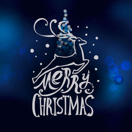 Lettering "Merry Christmas." Christmas illustration composition with reindeer. Christmas tree. Cursive. Hand drawing. Dark blueのイラスト素材