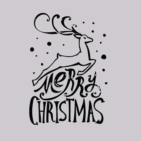 Lettering "Merry Christmas." Christmas illustration composition with reindeer. Cursive. Hand drawing. Dark pattern, light backgroundのイラスト素材
