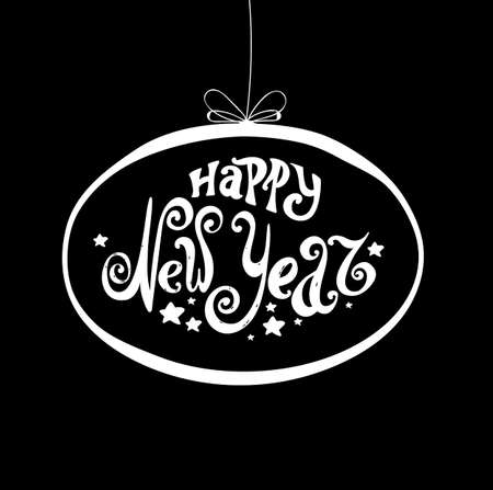 Lettering "Happy New Year". Vintage style, twisted letters. Hand drawing. Individual font. Congratulations to the New Year holiday. Christmas decorations. Black background, bright lettersのイラスト素材