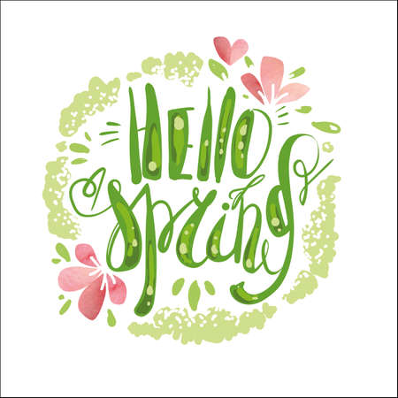 Lettering "Hello Spring." Hand writing. Green.のイラスト素材