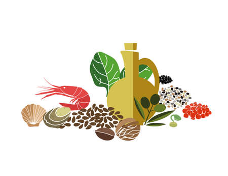 Mediterranean food. Olive oil, seafood, cereals. A healthy diet is about taking care of your health.のイラスト素材