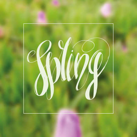 Lettering "Spring". Hand writing. White inscription against the background of spring greensのイラスト素材