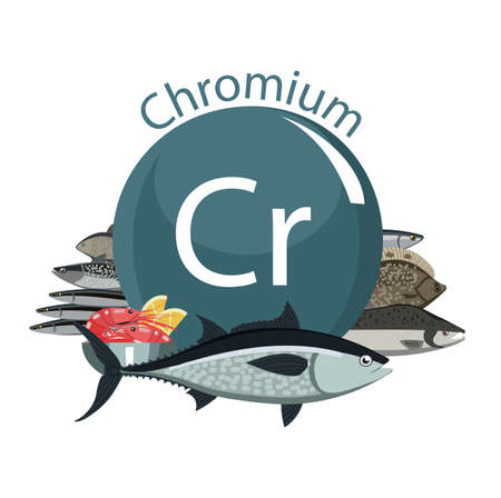 Food rich with chrome. Fish and shrimps. Healthy food. Natural organic products and the sign of chrome, on a white backgroundのイラスト素材