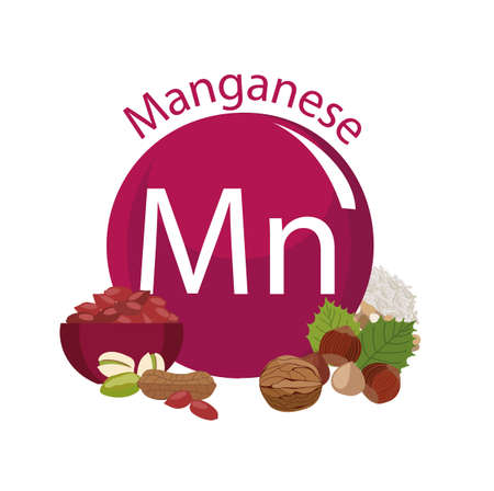Products rich with manganese. Bases of healthy food. Composition from natural organic products and the sign of manganese on a white background. Healthy lifestyleのイラスト素材