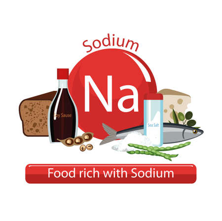 Products rich with sodium. Bases of healthy food. Composition from natural organic products and the sign of sodium on a white background. Healthy lifestyleのイラスト素材