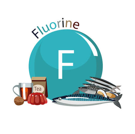 Food rich with fluorine. Composition from natural products and the sign of fluorine. White background. Healthy lifestyleのイラスト素材