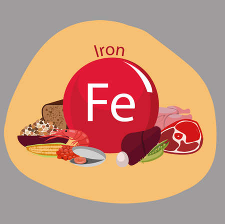 Products rich with iron. Bases of healthy food. Composition from natural organic products and the sign of iron on a color background. Healthy lifestyleのイラスト素材