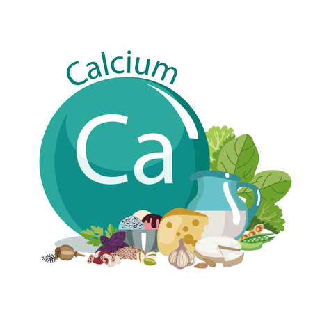 Calcium. Composition of a round sign of calcium and organic foods rich in calcium. Healthy eating.のイラスト素材