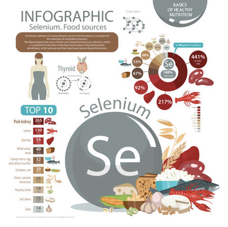Selenium. Food sources. natural organic products with a high content of selenium. Pie chart, top 10. The fundamentals of a healthy diet.のイラスト素材