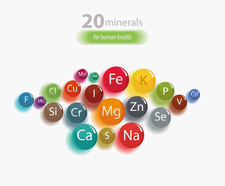 20 minerals: microelements and macro elements, useful for human health. Fundamentals of healthy eating and healthy lifestyles.のイラスト素材