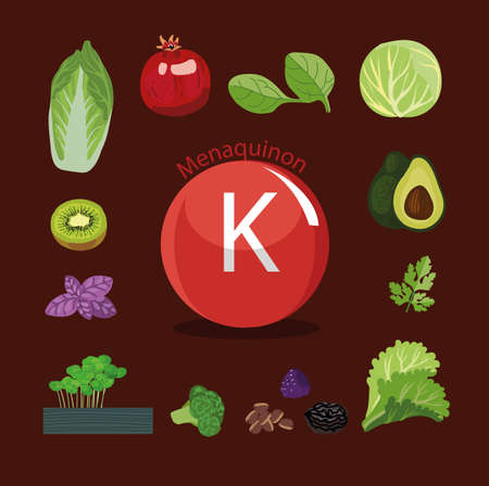 Vitamin K Natural organic vegetables and fruits, with the highest content of vitamin K. Colored backgroundのイラスト素材