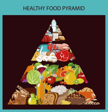 Food pyramid. Healthy food - natural organic products (cereals, meat, dairy products, vegetables, fruits). Recommended daily food norm. Healthy lifestyle. Brown and blueのイラスト素材
