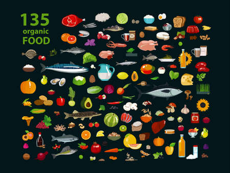 135 organic products. Natural food (meat products, vegetables, fruits, dairy products) in a set. Isolate on a black backgroundのイラスト素材