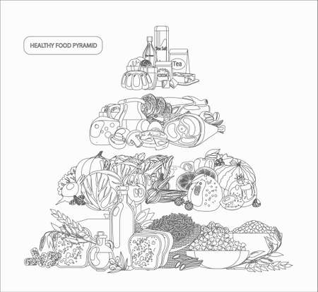 Food pyramid. Healthy food - natural organic products (cereals, meat, dairy products, vegetables, fruits). Healthy diet Contour black and white Vector illustration.のイラスト素材