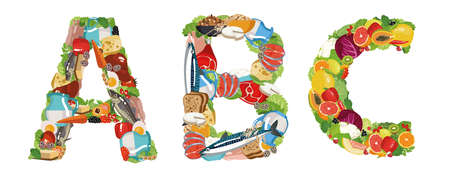 Letters made up of food the main sources of vitamins fundamentals healthy eating.のイラスト素材