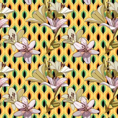 Lilies on vintage seamless pattern. Retro Style Sixtiesのイラスト素材