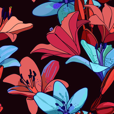 Lilies on vintage seamless pattern. Retro Style Sixtiesのイラスト素材