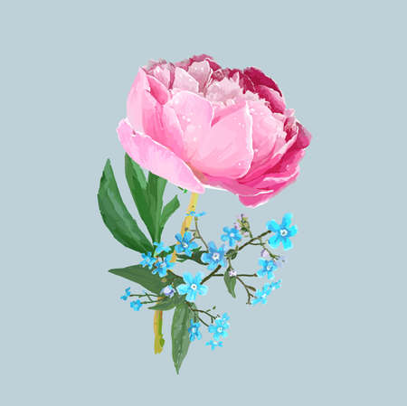 Peonies, forget-me-nots. Scenic image of flowers in vector.のイラスト素材