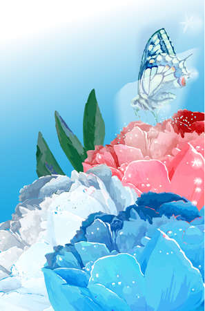 Flower and butterfly. Vector illustration. White, blue, pinkのイラスト素材