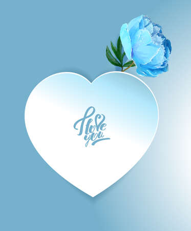 Delicate peony flower with a heart symbol. A declaration of love. Blue, White,, Pinkのイラスト素材