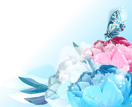 Flower and butterfly. Vector illustration. White, blue, pinkのイラスト素材