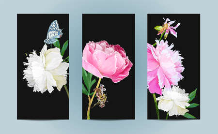 A picturesque peony flower. Template for banners, cards. Seasonal flower. Inflorescence and leaves. Hand drawing in a vector format.のイラスト素材