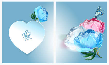 Delicate peony flowers with a heart symbol. A declaration of love. Blue, White,, Pinkのイラスト素材