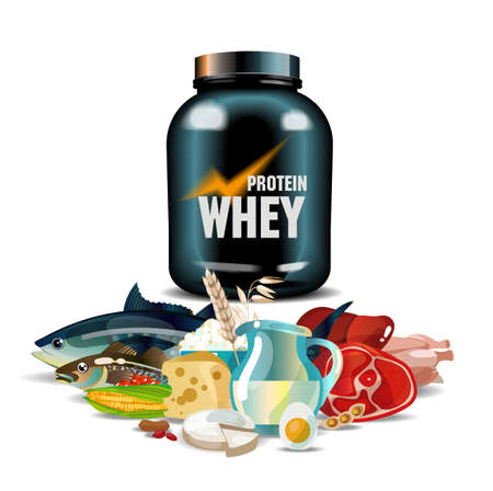 Protein nutrition - protein whey and foods rich in proteinのイラスト素材