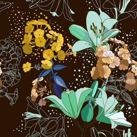 Lilies and phloxes. Seamless pattern with garden flowers.のイラスト素材