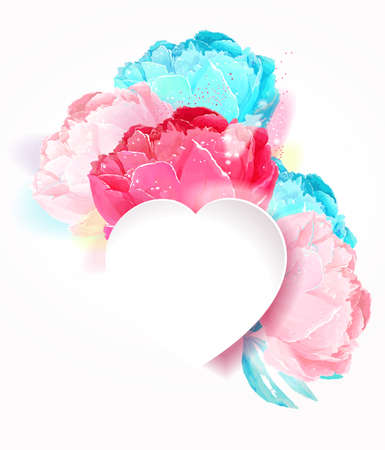 Delicate peony flowers with a heart symbol. A declaration of love. Blue, white, pinkのイラスト素材