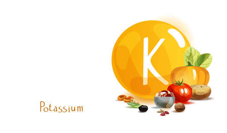 Potassium in food. Natural organic products with a high content of potassium. Healthy nutrition as the basis of a healthy lifestyle.のイラスト素材