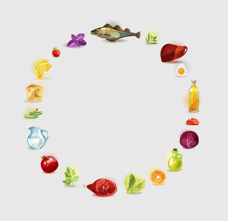 Frame / Fresh Natural organic products - vegetables, fruits, greens, meat. A set of 19 productsのイラスト素材