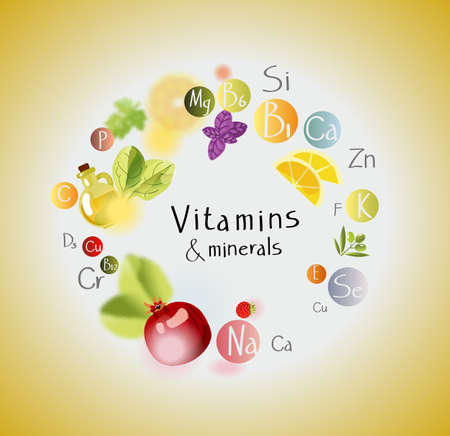 vitamins and minerals. Background with vitamins, minerals and fresh fruits and greens. A healthy diet is the basis of a healthy lifestyle.のイラスト素材