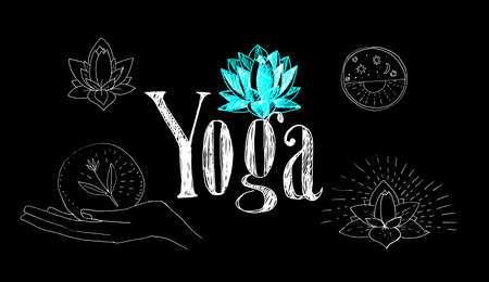 The lettering yoga and lotus flower. Hand drawing, retro style.のイラスト素材