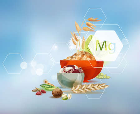 Magnesium. Scientific research. Vitamins and trace elements. Foods high in magnesium.のイラスト素材