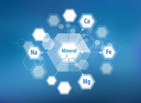 All minerals for human health. Magnesium, calcium, iron and others. Scientific research. Abstract composition of hexagons.のイラスト素材
