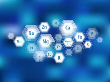 All minerals for human health. Magnesium, calcium, iron and others. Scientific research. Abstract composition of hexagons.のイラスト素材