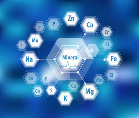 All minerals for human health. Magnesium, calcium, iron and others. Scientific research. Abstract composition of hexagons.のイラスト素材