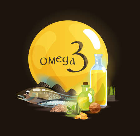 Omega 3. Basics of healthy nutrition. Polyunsaturated fatty acids in foods high in Omega 3. Natural organic foodutrition.のイラスト素材