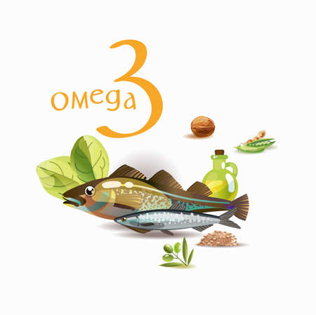 Omega 3. Basics of healthy nutrition. Polyunsaturated fatty acids in foods high in Omega 3. Natural organic foodのイラスト素材