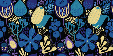 Seamless fantasy floral pattern. Flowers, plants and paisley cucumbers. Modern version of oriental paisley patterns.のイラスト素材