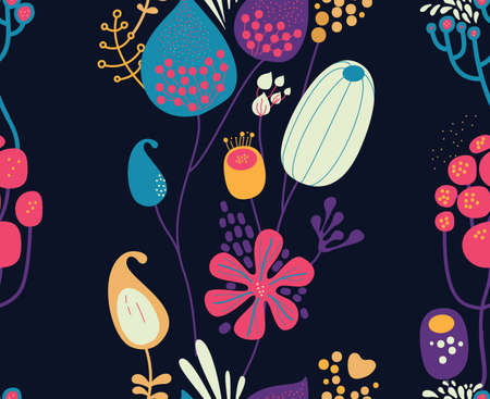 Seamless fantasy floral pattern. Flowers, plants and paisley cucumbers. Modern version of oriental paisley patterns.のイラスト素材
