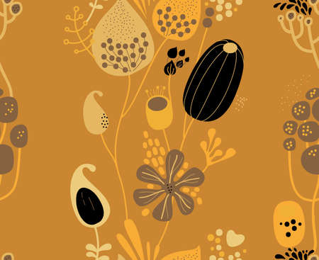 Seamless fantasy floral pattern. Flowers, plants and paisley cucumbers. Modern version of oriental paisley patterns.のイラスト素材