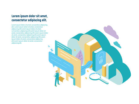 Isometric view - online study, work, cloud servers, computer technology, search engines.のイラスト素材