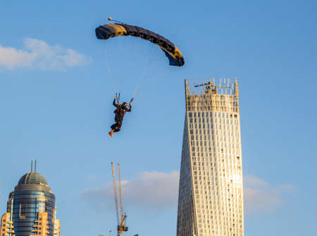 Parashutist before landing at the world championship in parachutism Sky Dive Dubai 2014のeditorial素材