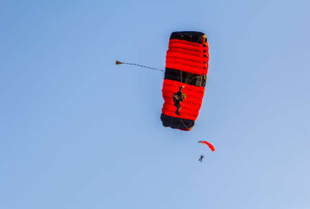 pair of parachutists landing in  the international championship parachutism in Dubai 2014の写真素材